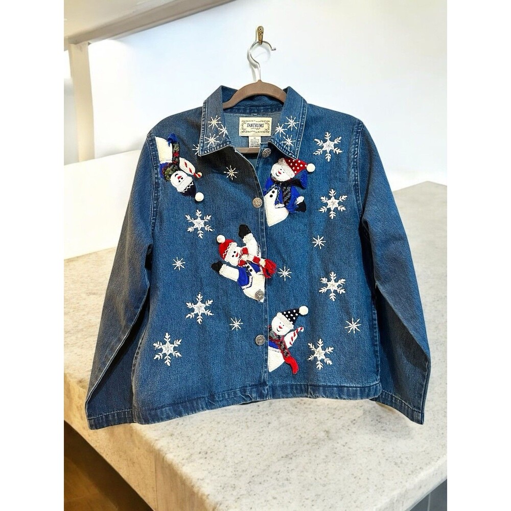 Vtg Tantrums Women’s Size Med Snowmen Winter Holidays Theme Denim Jacket